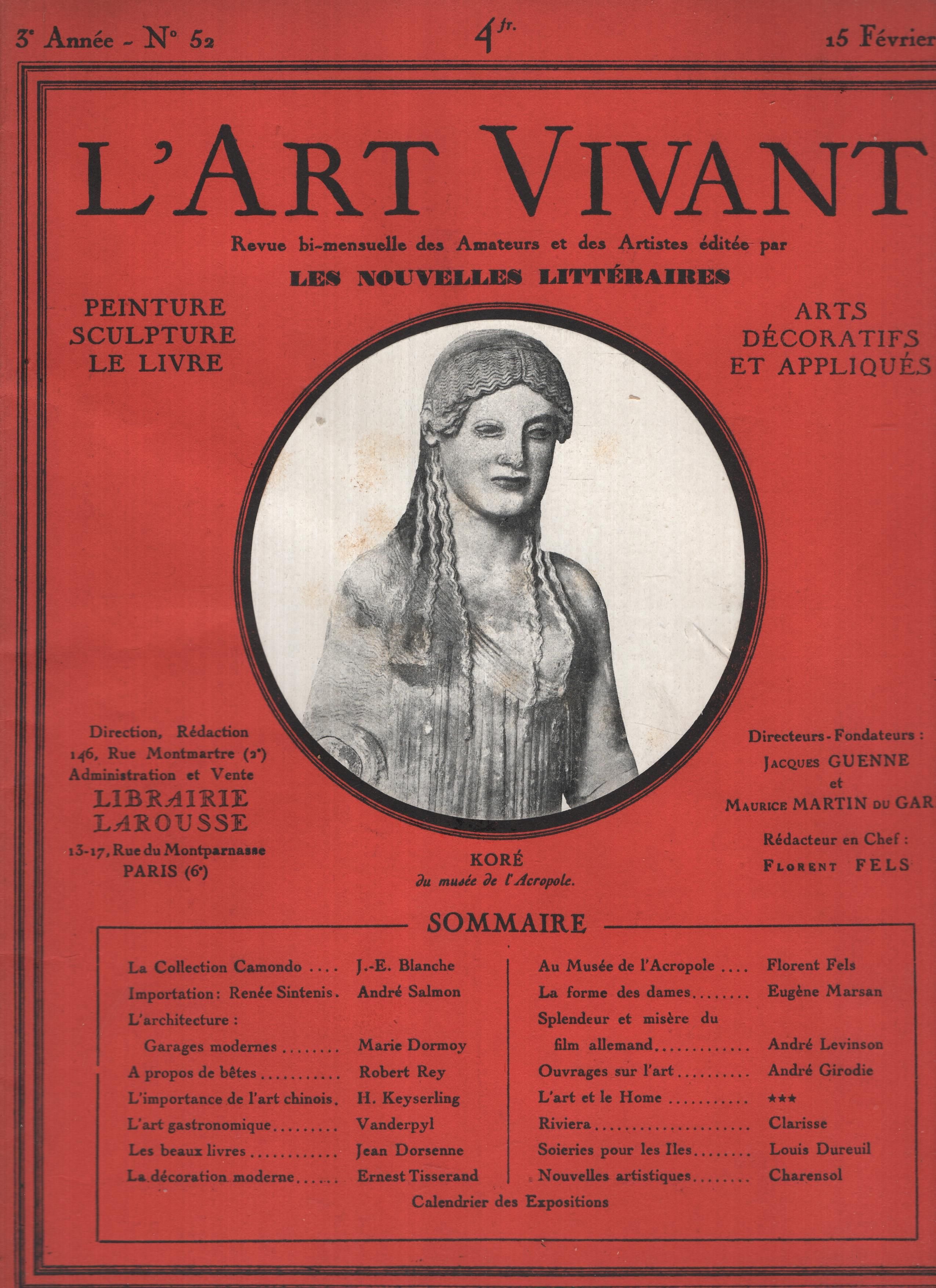 L'Art vivant; peinture; sculpture; le livre; arts décoratifs et appliqués. Revue bi-mensuelle des amateurs et des artistes; 3eme année, N° 52 15 févr