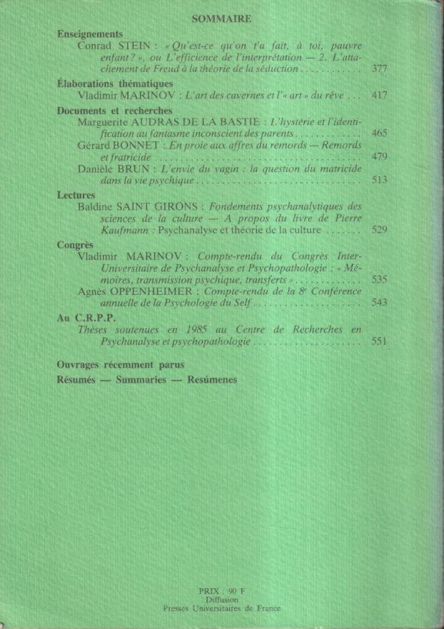 Psychanalyse à l'Université - Tome 11 - N° 43 Stein, Marinov, Audras de la Bastie, Bonnet, Brun, Saint Girons, Oppenheimer [Très bon] [Couverture sou