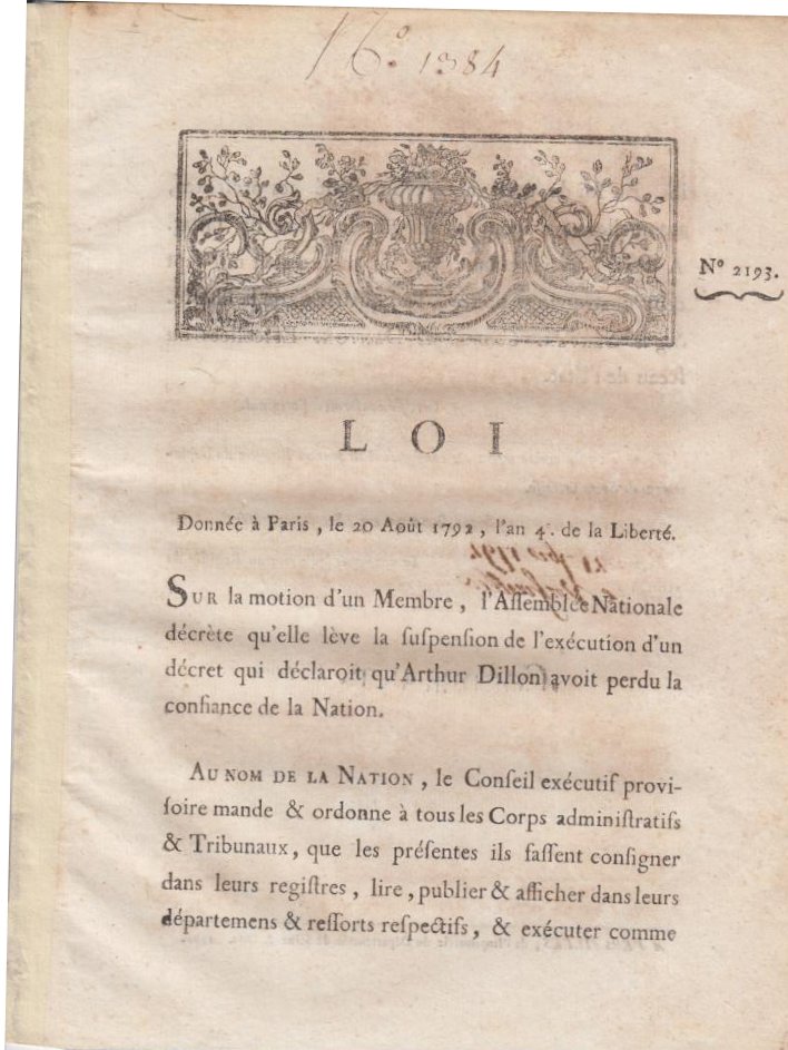 [Signé] Loi donnée à Paris, le 20 Août 1792, l'an 4e de la Liberté. - Décret de l'Assemblée Nationale, du 20 juin 1792, l'an 4e de la Liberté. [ARTHU