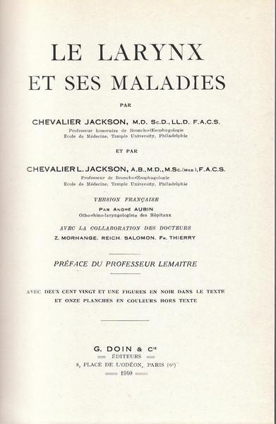 le larynx et ses maladies (préface du professeur Lemaitre) version française par André Aubin ; avec la collaboration de Z. Morhange, Reich. salomon,