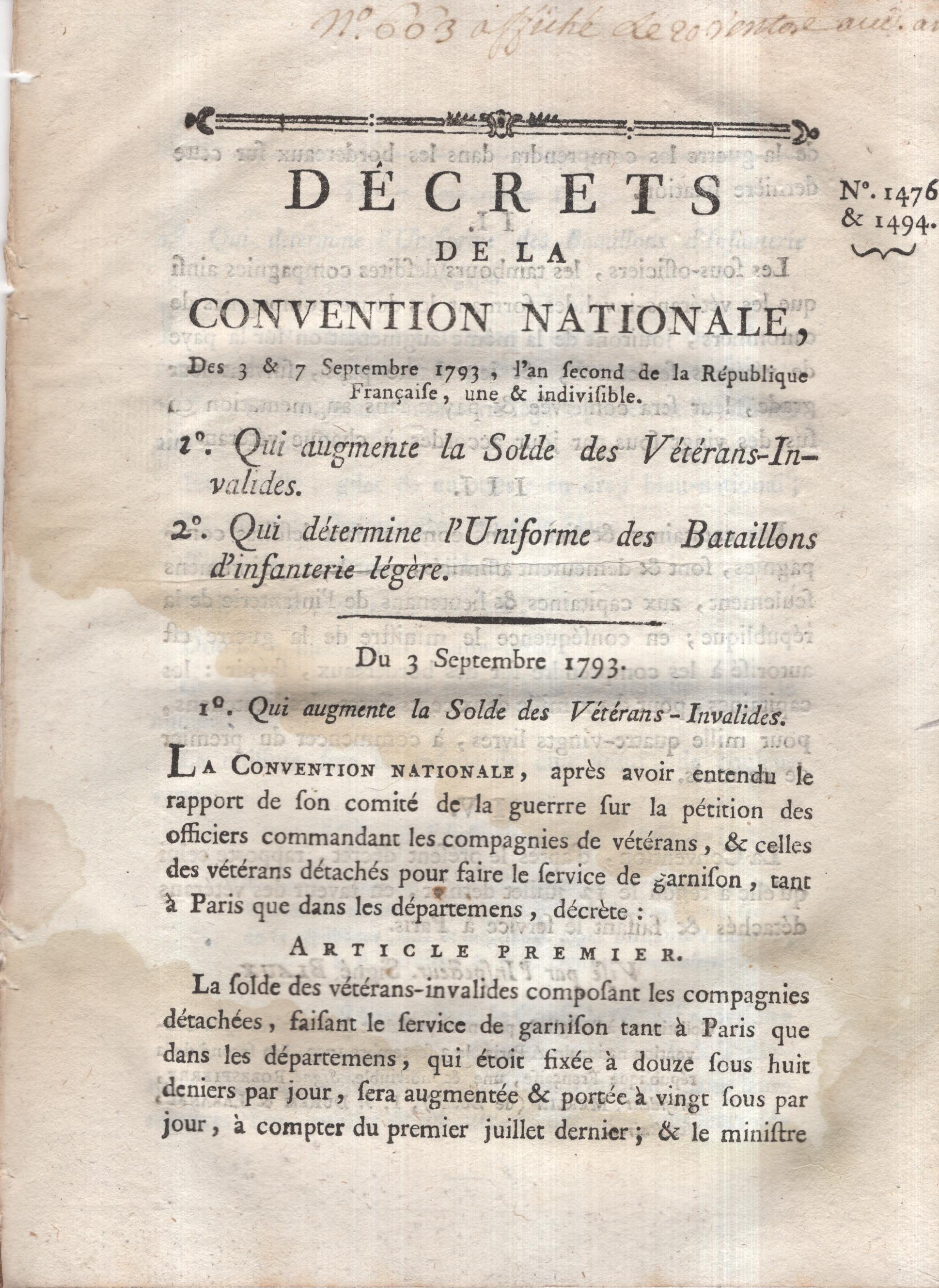 [Signé] Décret de la Convention Nationale, du 3 septembre 1793 . no.935. : Qui augmente la solde des vétérans-invalides. Décret de la Convention nati