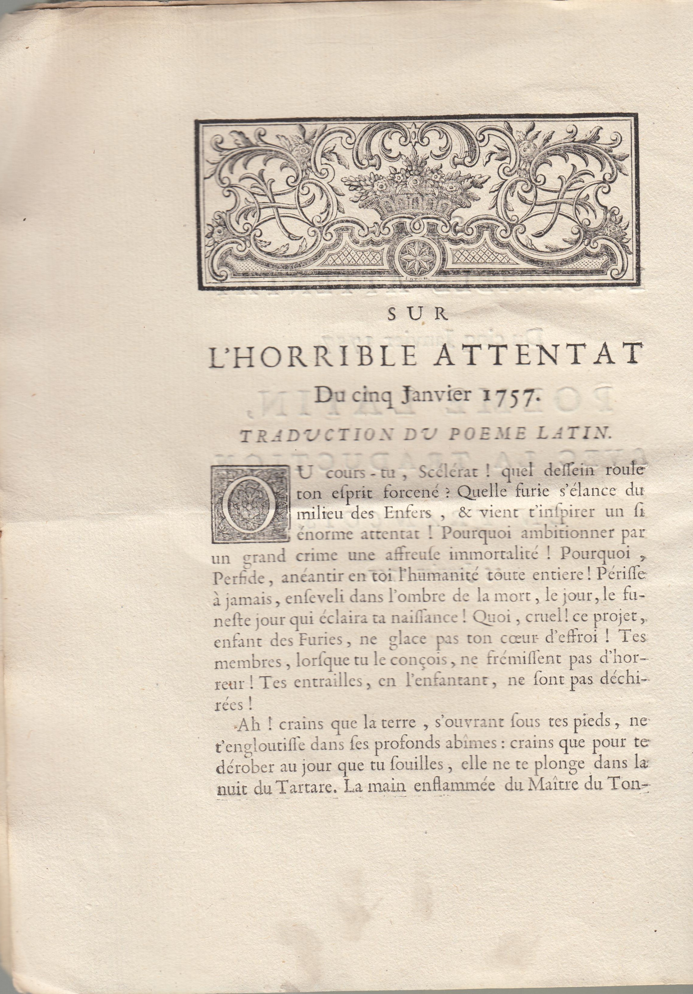 Sur l'horrible attentat du 5 janvier 1757, poème latin (de F.-M. Coger) avec la traduction en françois (par Godran). 15 janvier 1757 François-Marie C