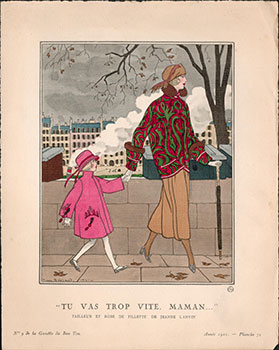 Tu vas trop vite, Maman.' - Tailleur et robe de fillette de Jeanne Lanvin," plate 71 from Gazette du Bon Ton, Volume 2, No. 9. First edition. Brissau