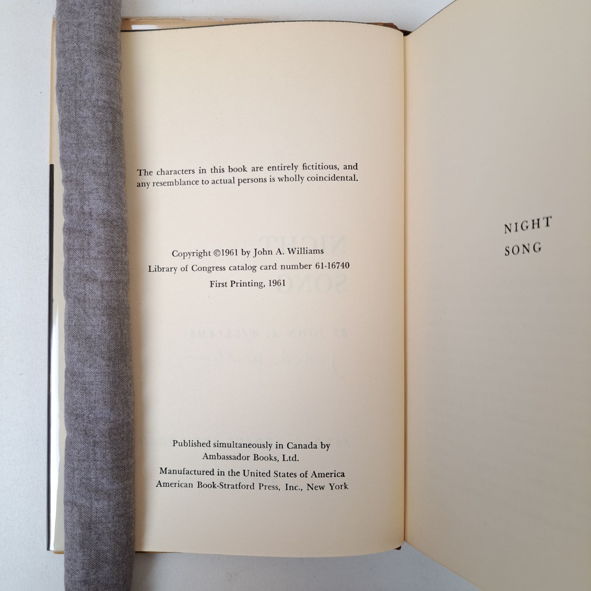 NIGHT SONG [Signed] by Williams, John A.: Hardcover (1961) First ...