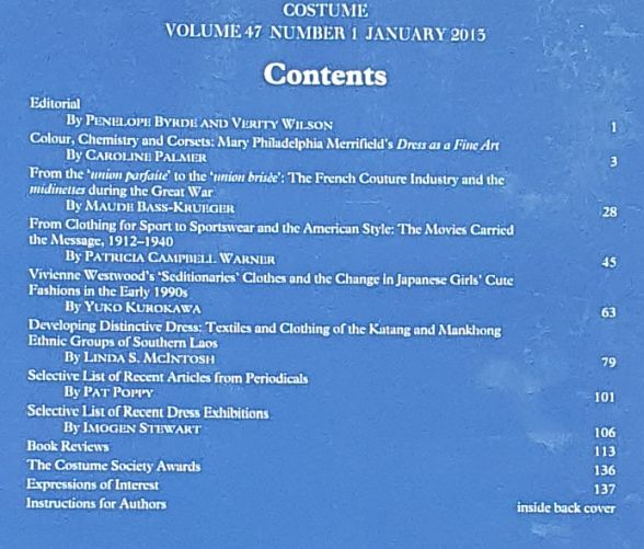 Costume: the Journal of the Costume Society. Vol.47 no.1, January 2013 Penelope Byrde; Verity Wilson [Moyen] [Couverture souple]
