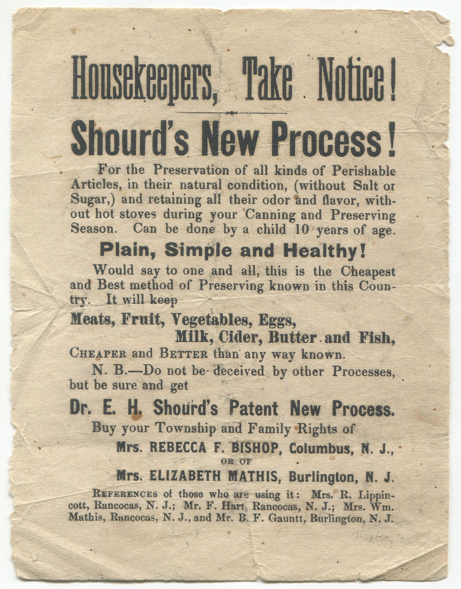 [New Jersey, Handbill]: Housekeepers, Take Notice! Shourd's New Process ...