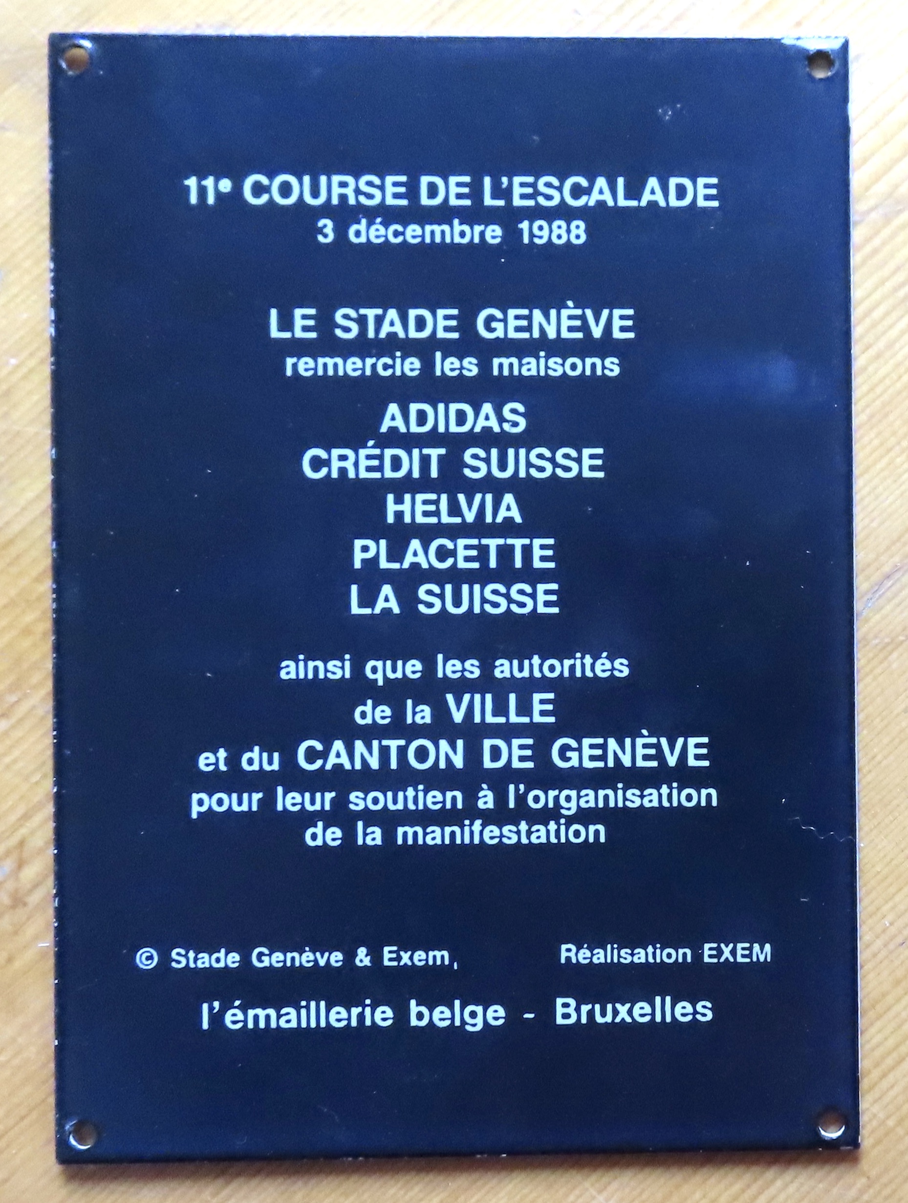 Plaque émaillée Collection, 11e Course De L'Escalade à Genève (1988), Emaillerie Belge