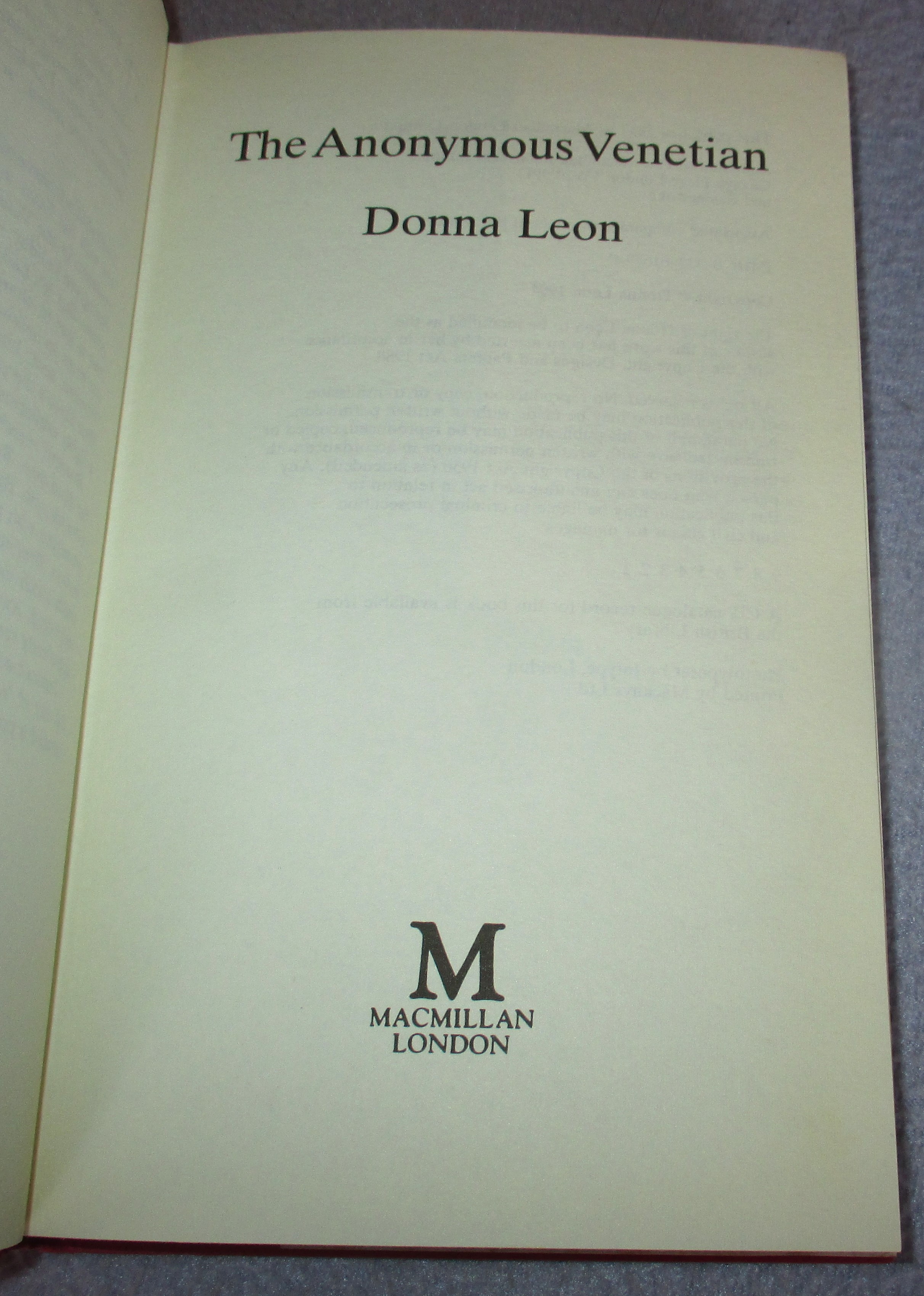 The Anonymous Venetian (1st Edition) by Donna Leon: Very Good Hardcover ...