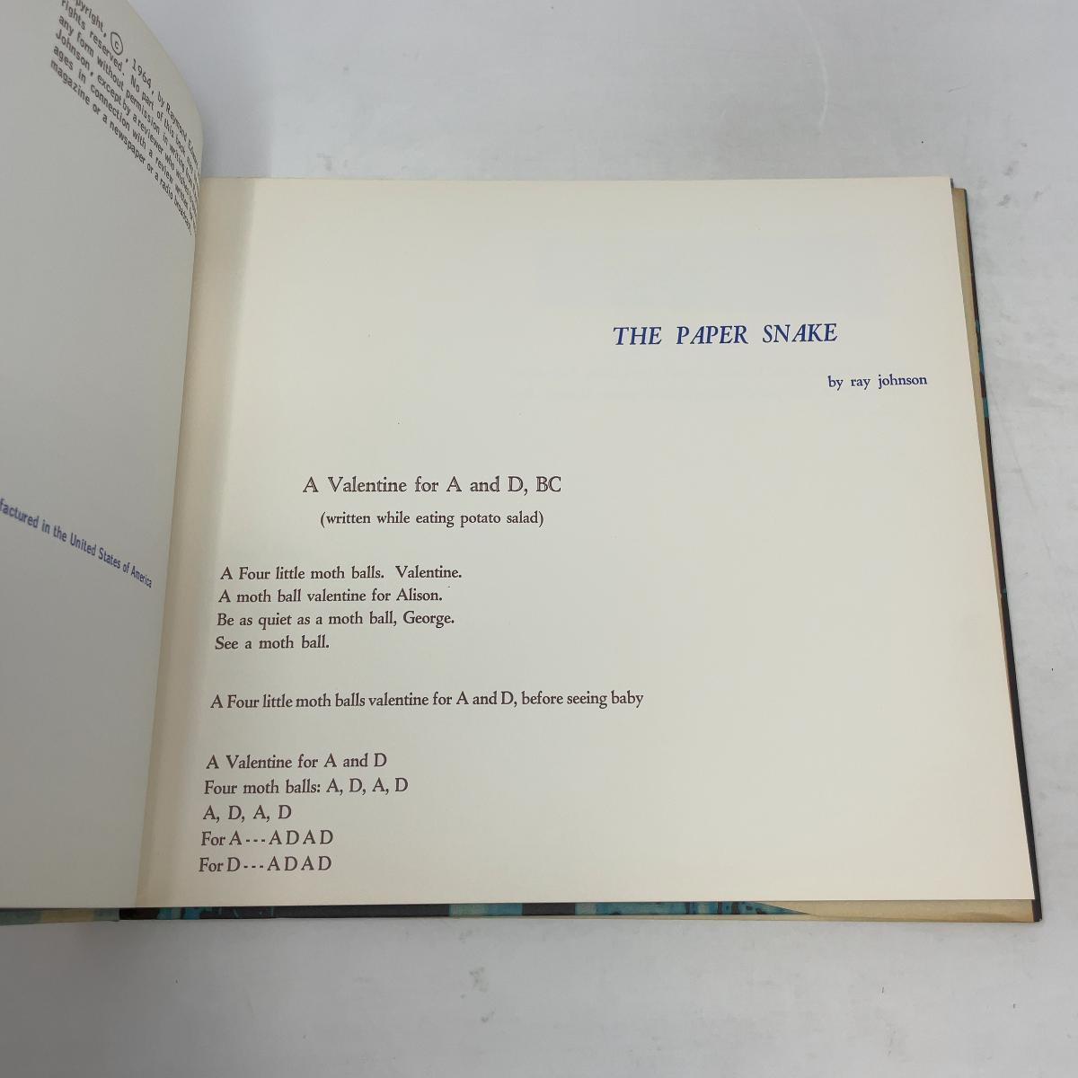 The Paper Snake da Ray Johnson: Very Good Hardcover (1965) First