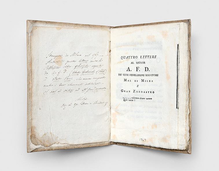 Quattro lettere al Signor A. F. D. de' suoi fedelissimi servitori Mal di Milza e Gran Zoroastro. VERRI, Pietro.