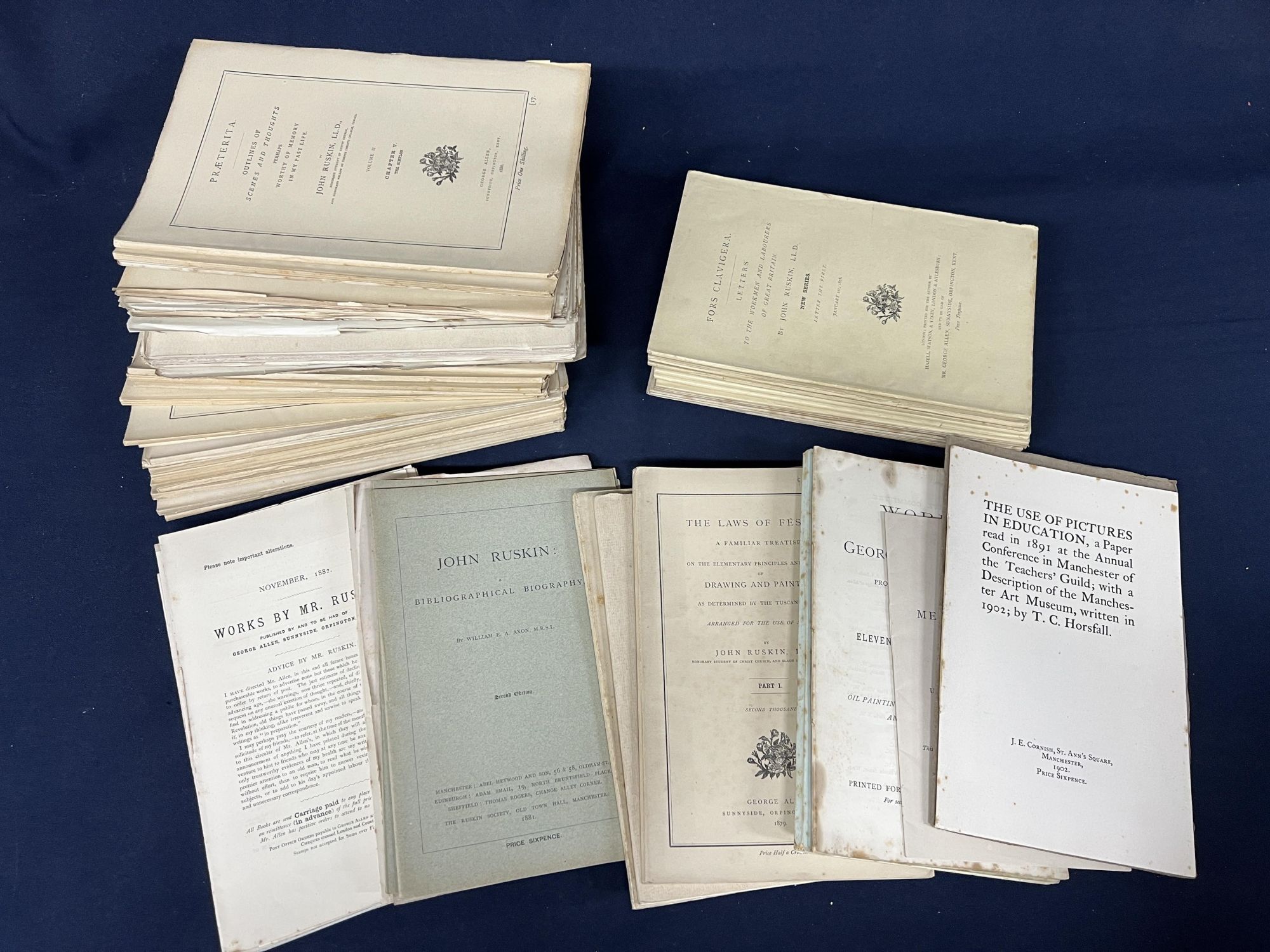 The original monthly parts of PRAETERITA, DILECTA (in 28 parts) + Fors Clavigera (in 12 parts) + 27 publications written by Ruskin or relating to Ruskin John Ruskin History