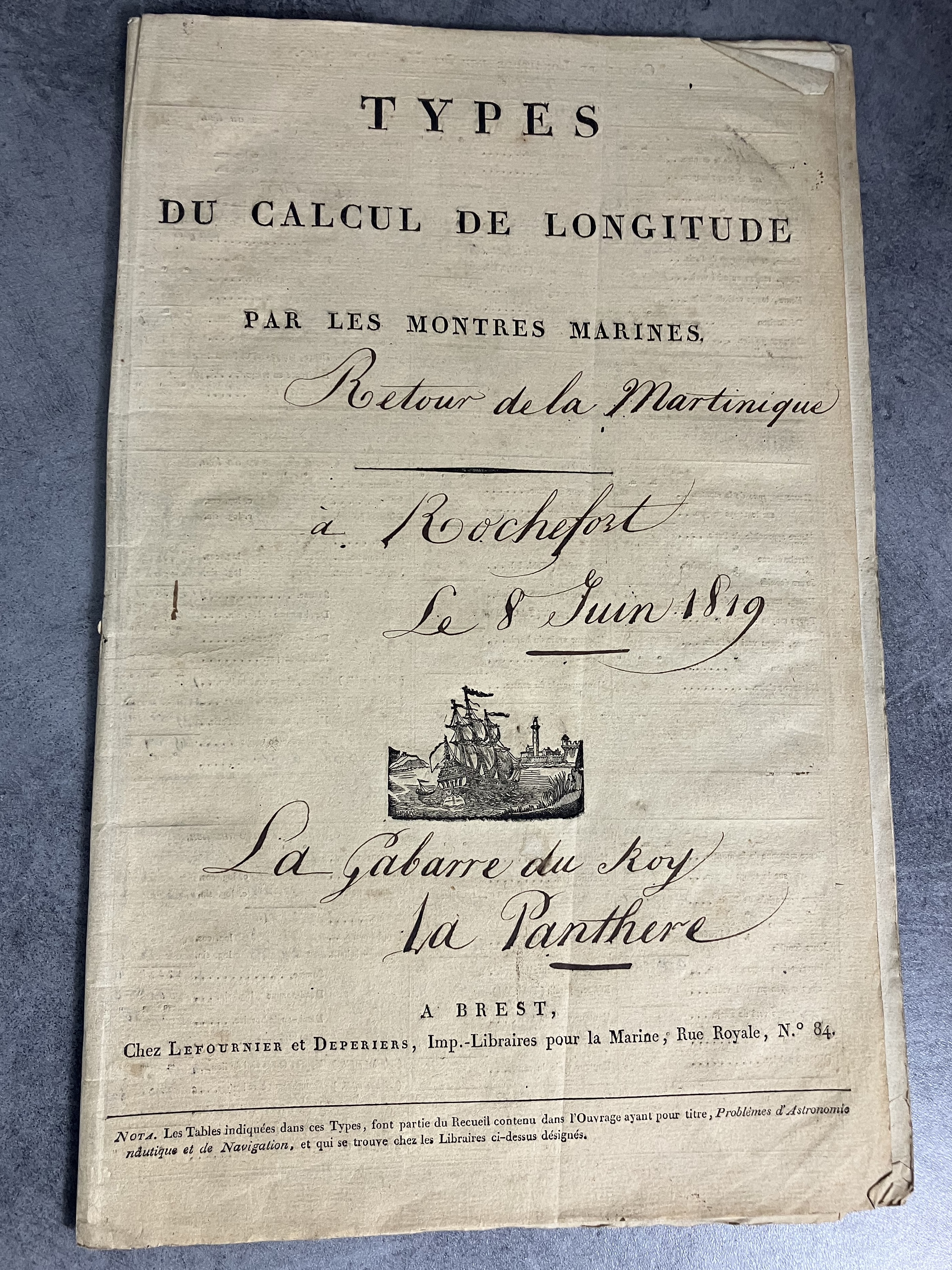 Marine Voyage Retour de la Martinique à Rochefort le 8 juin 1819 Gabarre du Roy La Panthère. Brest