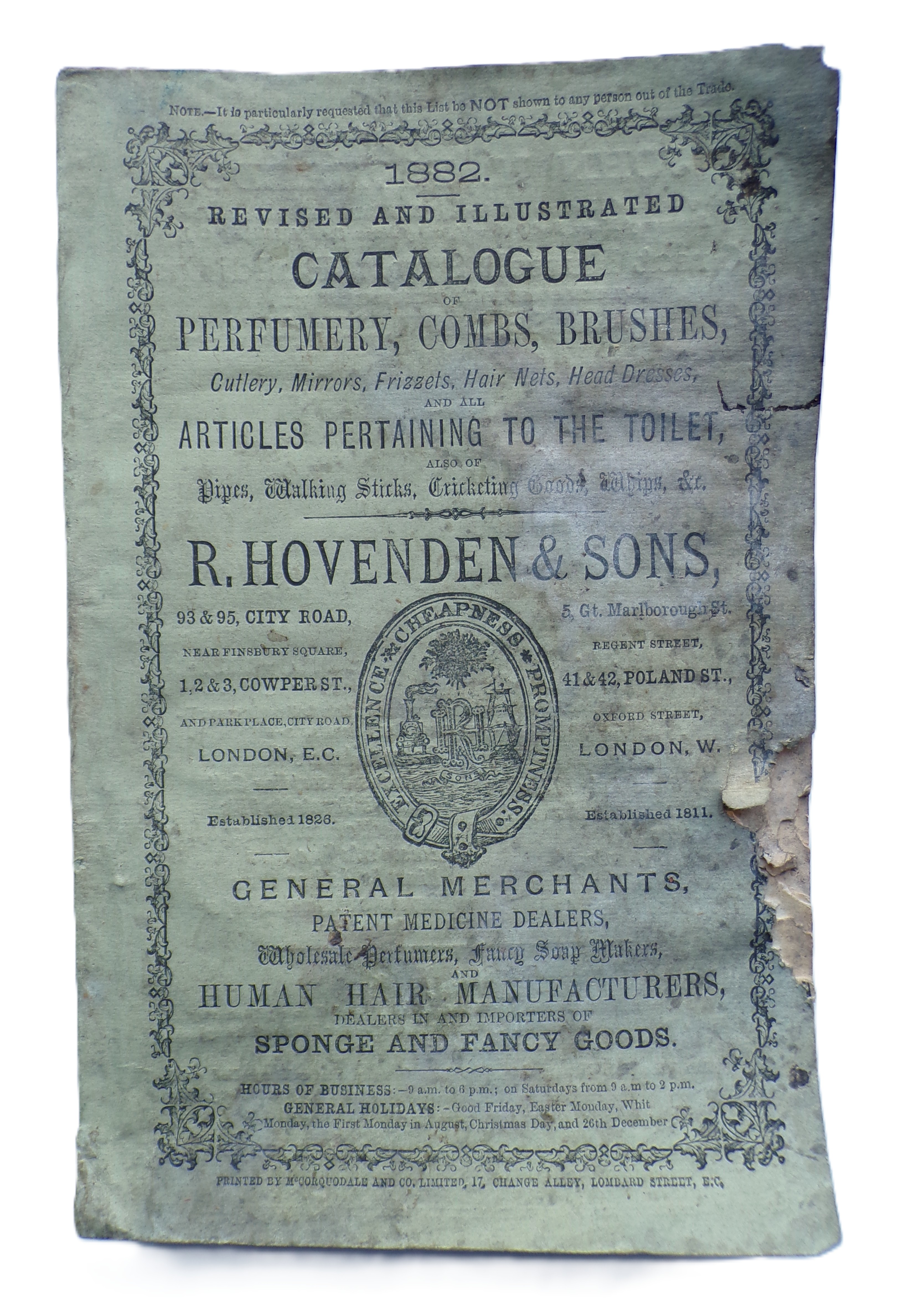[First Edition] 1882 R. HOVENDEN & SONS of LONDON GENERAL MERCHANTS PATENT MEDICINE DEALERS, Wholesale Perfumes, Fancy Soap Makers, and Human Hair