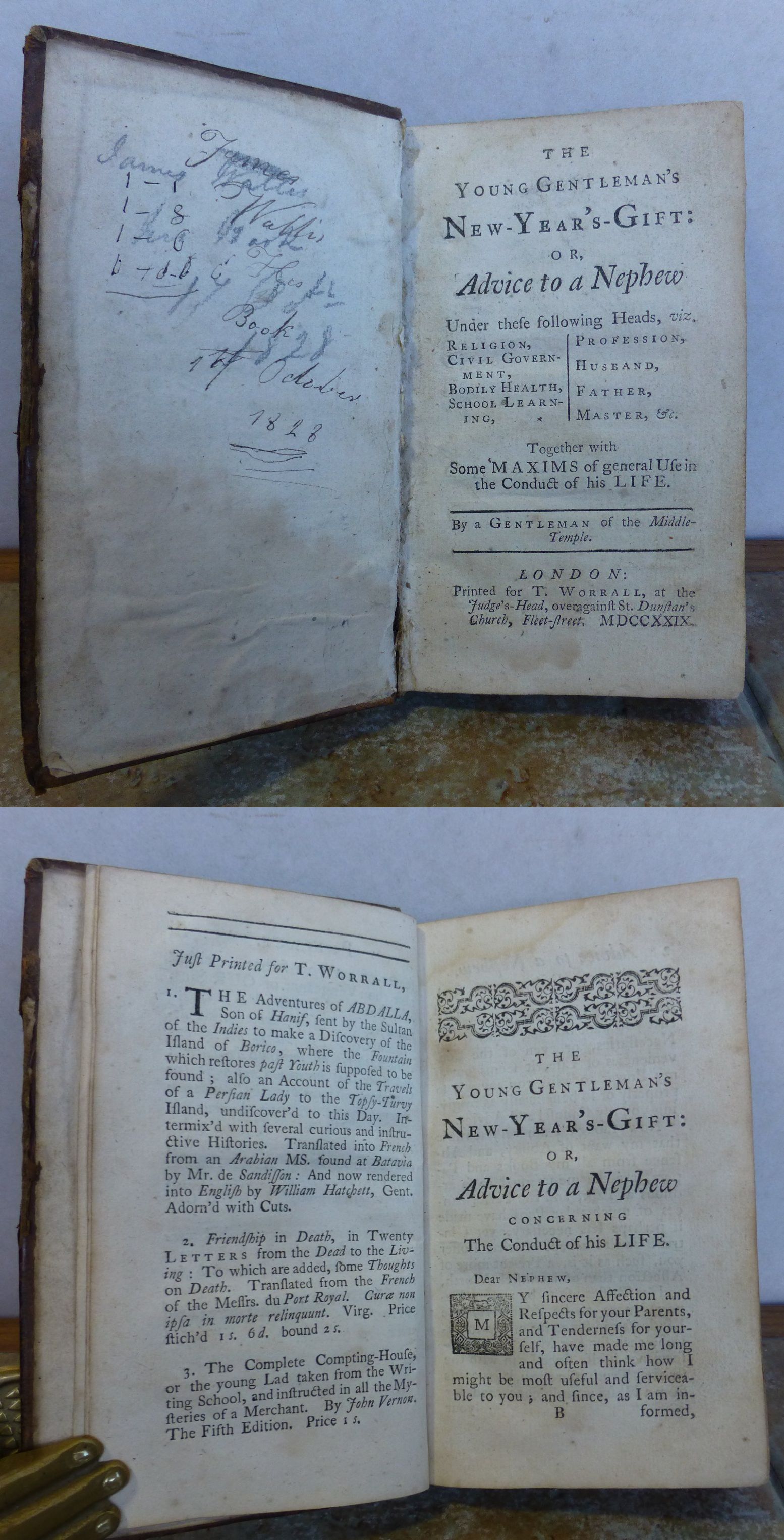 THE YOUNG GENTLEMAN'S NEW-YEAR'S-GIFT or, ADVICE to a NEPHEW. Under these following Heads, viz. Religion, Civil Government, Bodily Health, School-Learning, Profession, Husband, Father, Master etc. (BANCKS, John. 1709-1751). tick