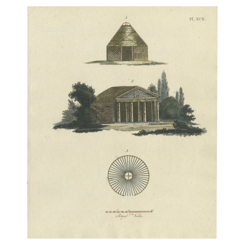 Nice Old Colored Antique Print of Garden Architecture by Van Laar, 1802