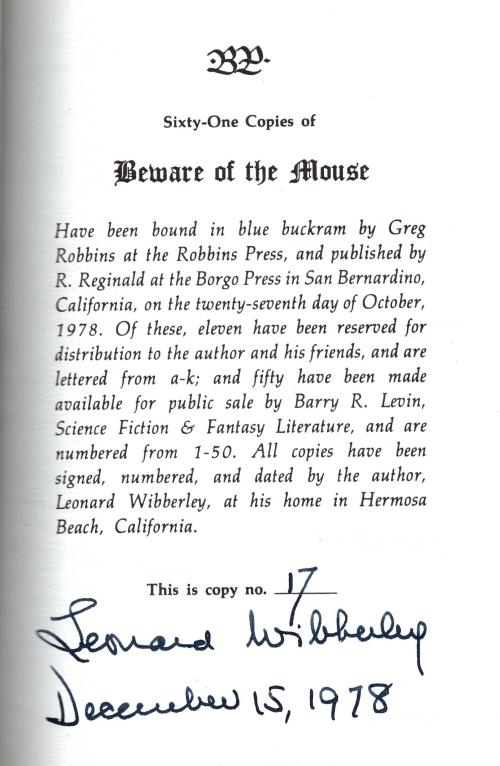 Beware Mouse Beware of the Mouse by Leonard Wibberley (First Edition, Limited ...