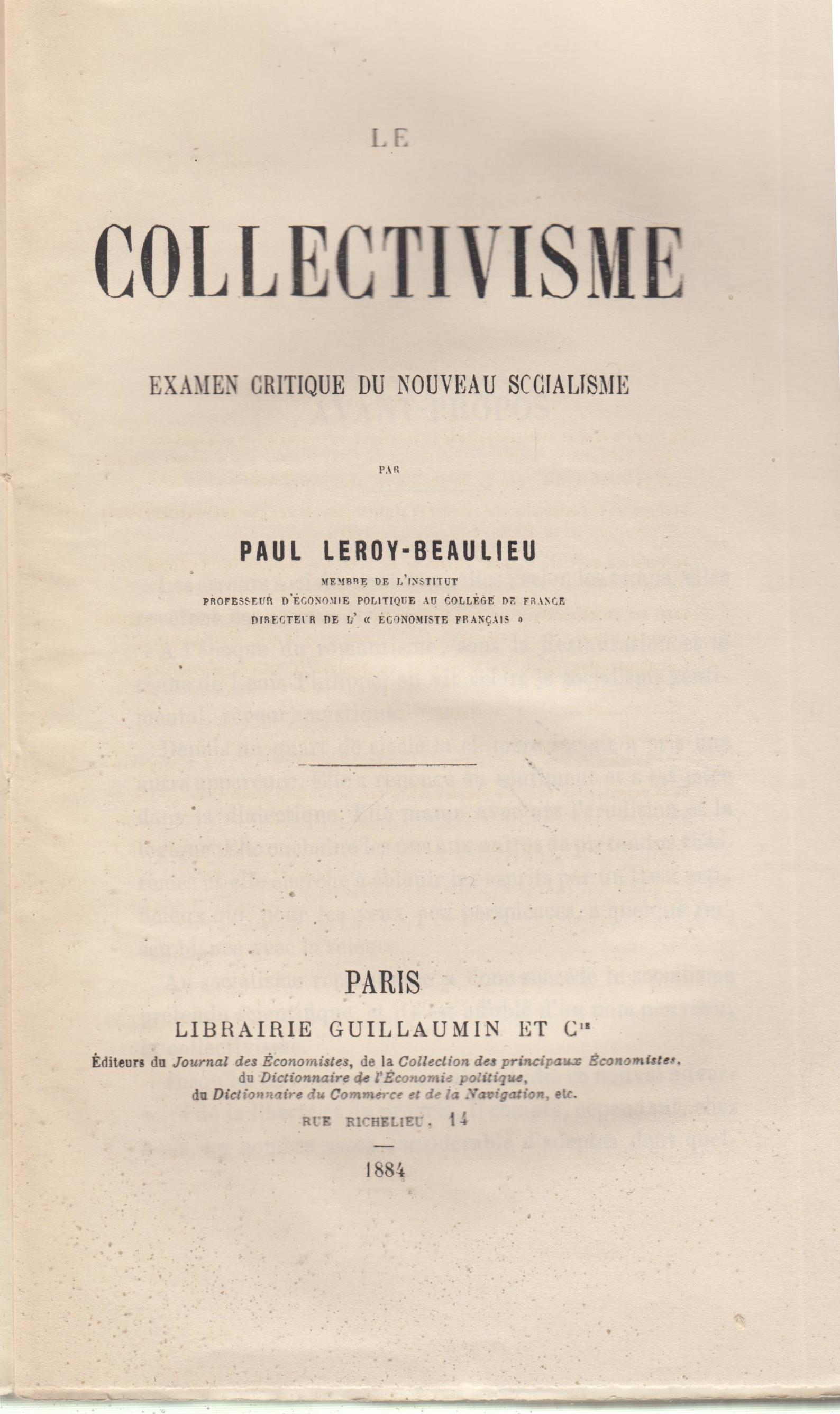 Le collectivisme : examen critique du nouveau socialisme COPY INSCRIBED ...