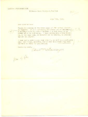 Typed Letter, Signed; Regarding Bergen Evans' Natural History of