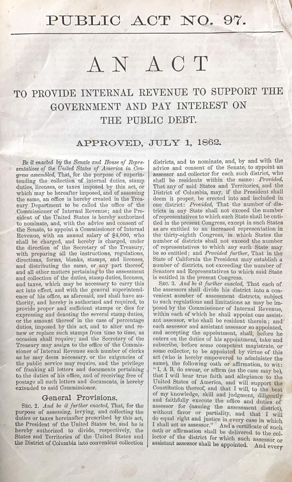 United States Tax Law of 1862. Albany Evening Journal edition by