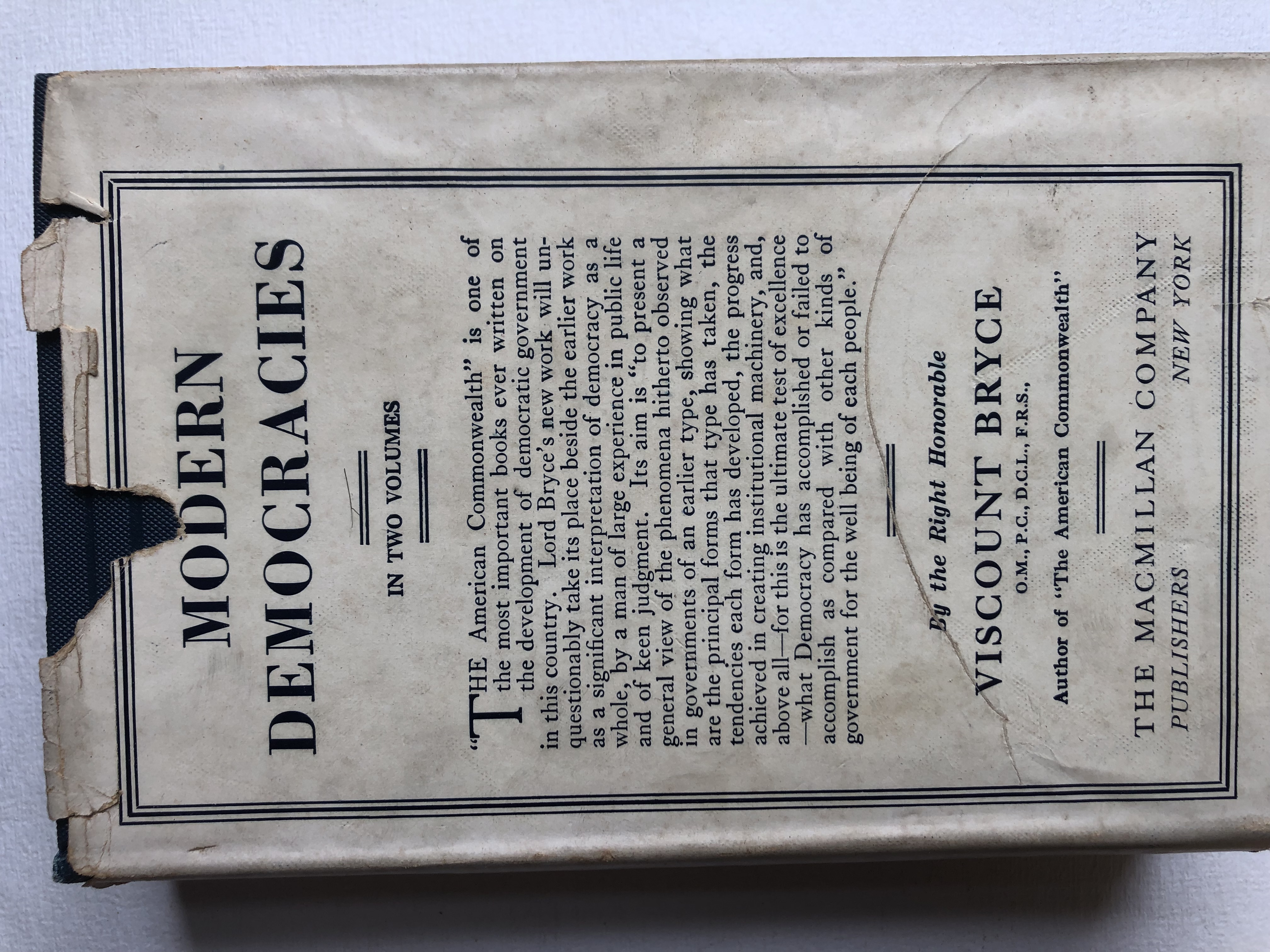 Modern Democracies by Bryce, James: Very Good Hardcover (1921