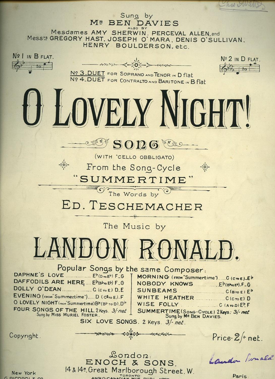 O Lovely Night From The Song Cycle Summertime Song No 2 In D Flat For Soprano And Tenor In D Flat Vintage Piano Sheet Music By Landon Ronald Music Edward Teschemacher Lyrics