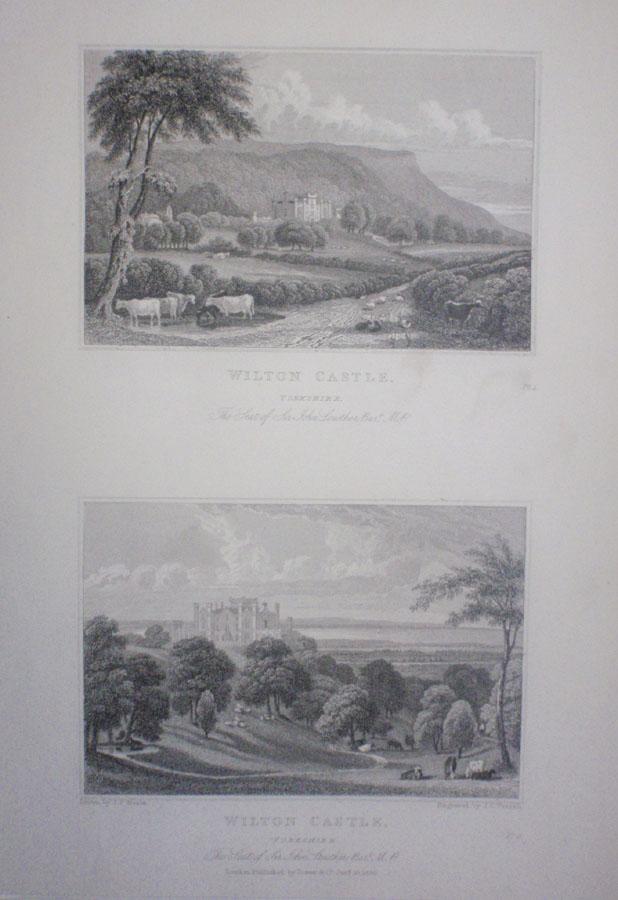 Fine Original Antique Engraved Print Illustrating Two Views of Wilton Castle in Yorkshire. Published By Jones & Co, London and Dated 1829. Original A