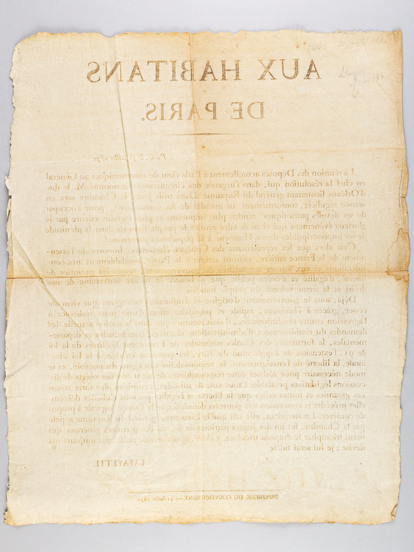 Aux Habitans de Paris. Paris le 31 juillet 1830. [ Rare Affiche de La Fayette annonçant la nomination du Duc d'Orléans au lendemain des Trois Glorieu