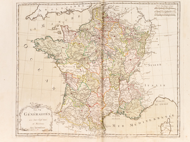 Les 34 Generalites Avec Leurs Chefs Lieux Et Residences Des Intendans Belle Carte En Coloris D Epoque Extraite De L Atlas La France Consideree Sous Tous Les Principaux Points De Vue Qui Forment Le