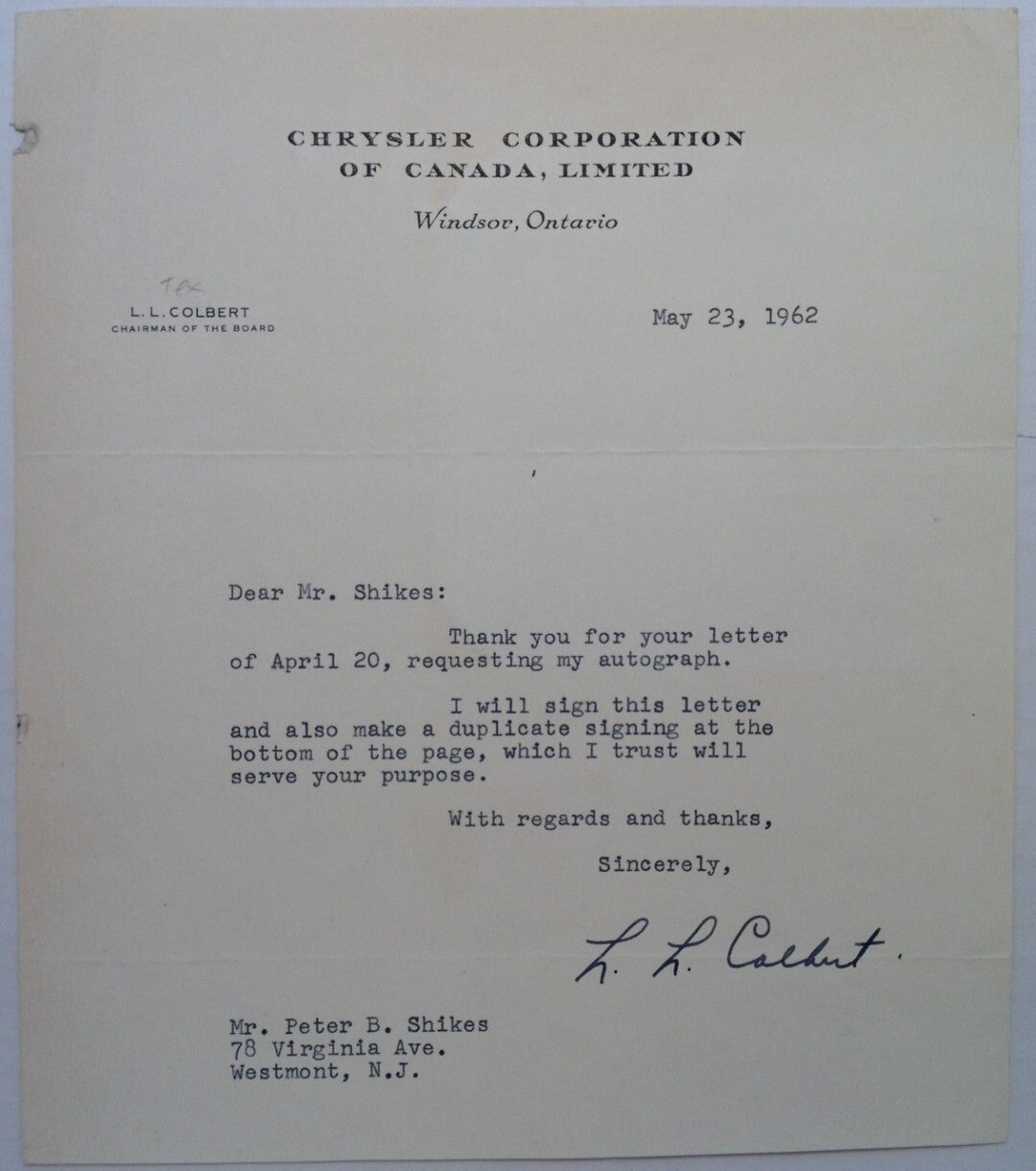 Typed Letter Signed on "Chrysler Corporation" letterhead by COLBERT, L