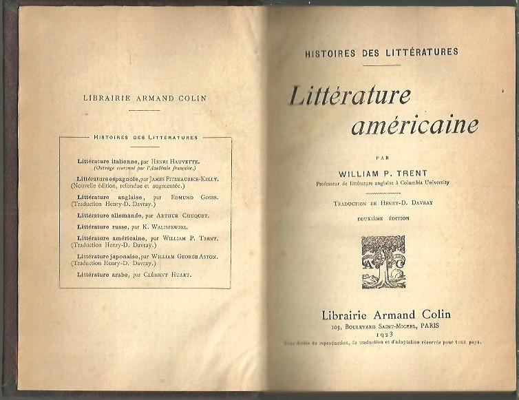 LITTERATURE AMERICAINE. by TRENT, William P.: (1923) Trad. H. D. Davray. Enc. 1/2 piel cart 