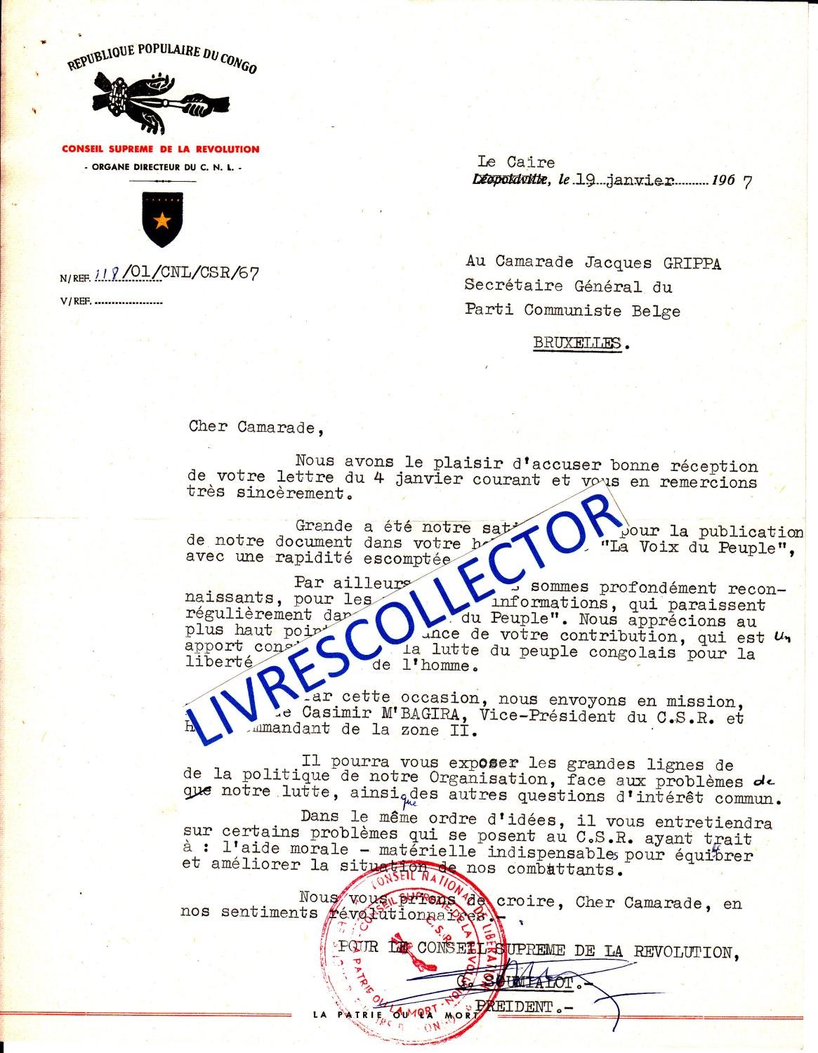 CORRESPONDANCE INÉDITE SIGNÉE RELATIVE À LA MISSION EN BELGIQUE DE CASIMIR M'BAGUIRA, SECOND VICE-PRÉSIDENT DU CONSEIL SUPRÊME DE LA RÉVOLUTION DU CO