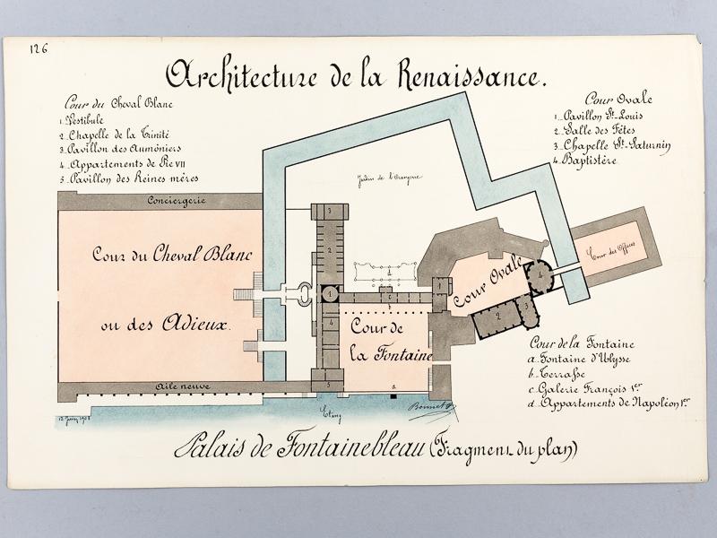 Architecture de la Renaissance. Palais de Fontainebleau (Fragment du Plan)  [ Beau lavis original - Château de Fontainebleau ] by BONNET, J.: (1908)  Signed by Author(s) Art / Print / Poster