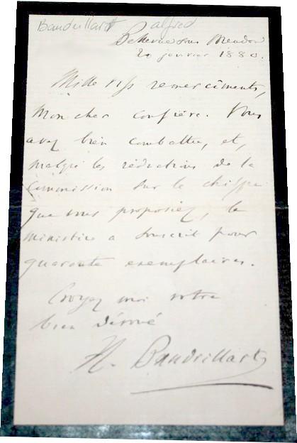 Lettre Autographe Signée datée de 1880. BAUDRILLART (Alfred) (1859-1942). [Occasion - Bon]