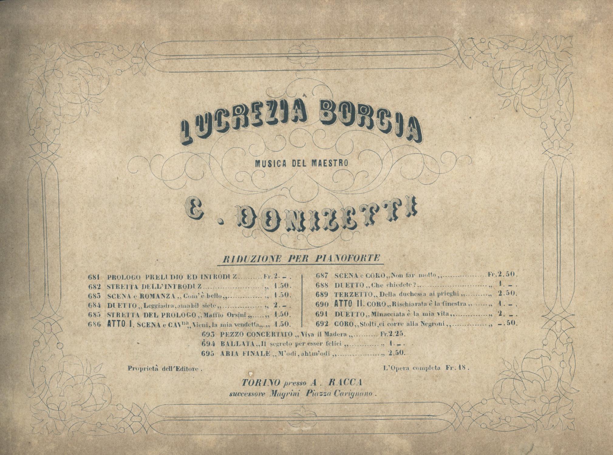 LUCREZIA BORGIA (1833). Riduzione per Pianoforte. 1850 circa  (Pl.n°681-695). da DONIZETTI Gaetano.: buone Copertina rigida (1850) |  studio bibliografico pera s.a.s.