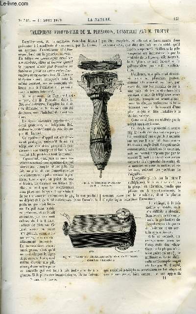 La nature n° 324 - Téléphone avertisseur de M. Perrodon, construit ar M. Trouvé, Les bateaux porte torpilles par P. Toussaint, Insectes de la Nouvell