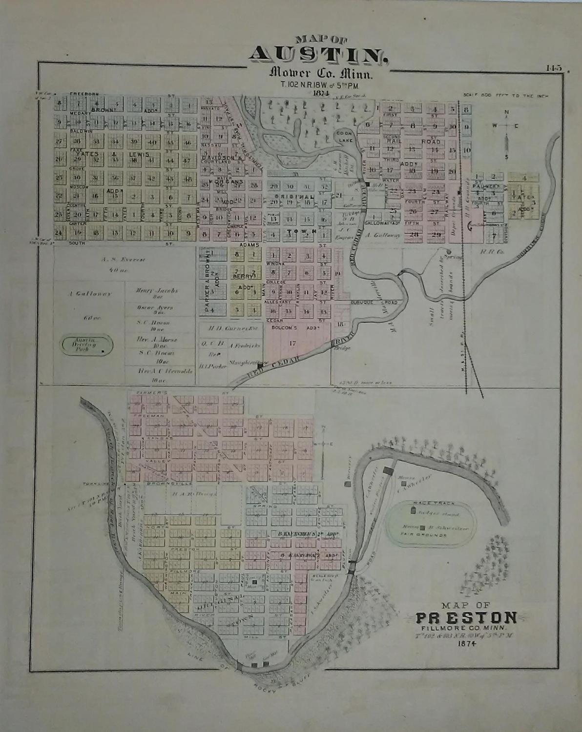 Maps of Fillmore County and the Cities of Austin and Preston from 1874