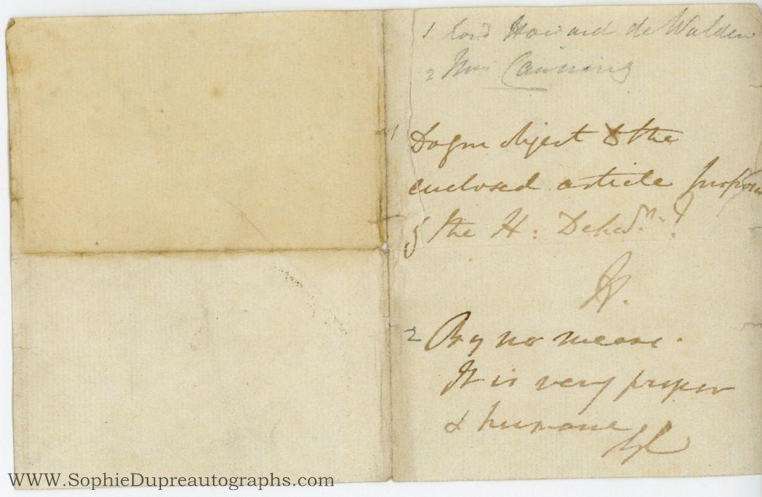 Autograph Note Signed 'H.' to George CANNING, (Charles Augustus Ellis ...