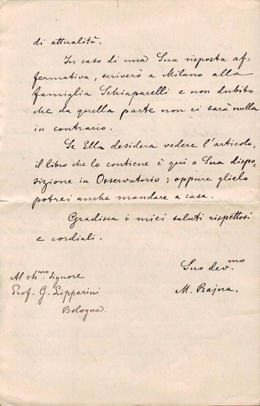 Lettera autografa firmata. by RAJNA Michele (Sondrio, 1854 - 1920 ...