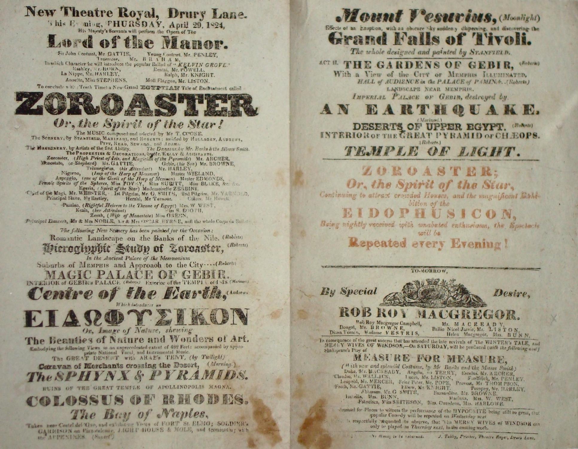 New Theatre Royal, Drury Lane. This Evening, Thursday, April 29, 1824, His Majesty's Servants will perform the Opera of The Lord of the Manor . To co