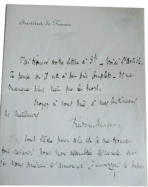 Lettre Autographe Signée MASSON (Frédéric) sur papier entête de l'Institut de France. MASSON (Frédéric) (1847-1923). [Bon]