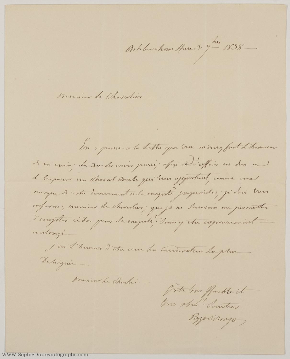 Autograph letter in French with translation, signed, to a Knight (Carlo ...