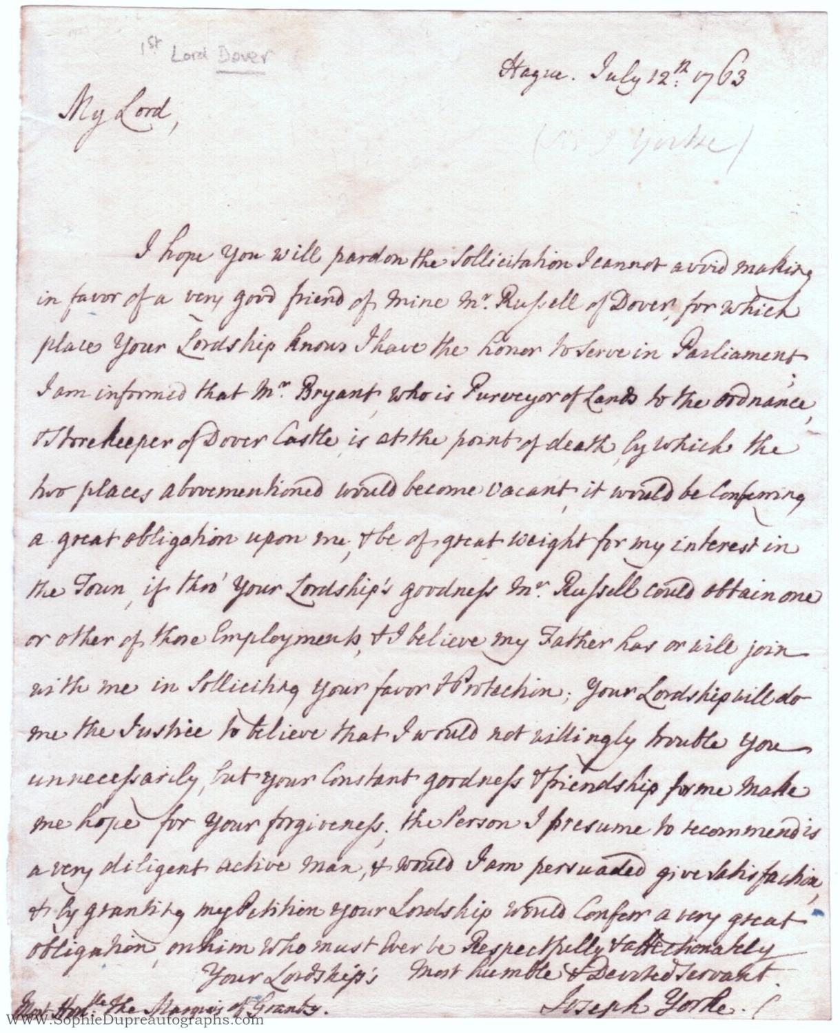 Autograph Letter Signed to the Marquis of Granby, 1721-1770, (Sir ...