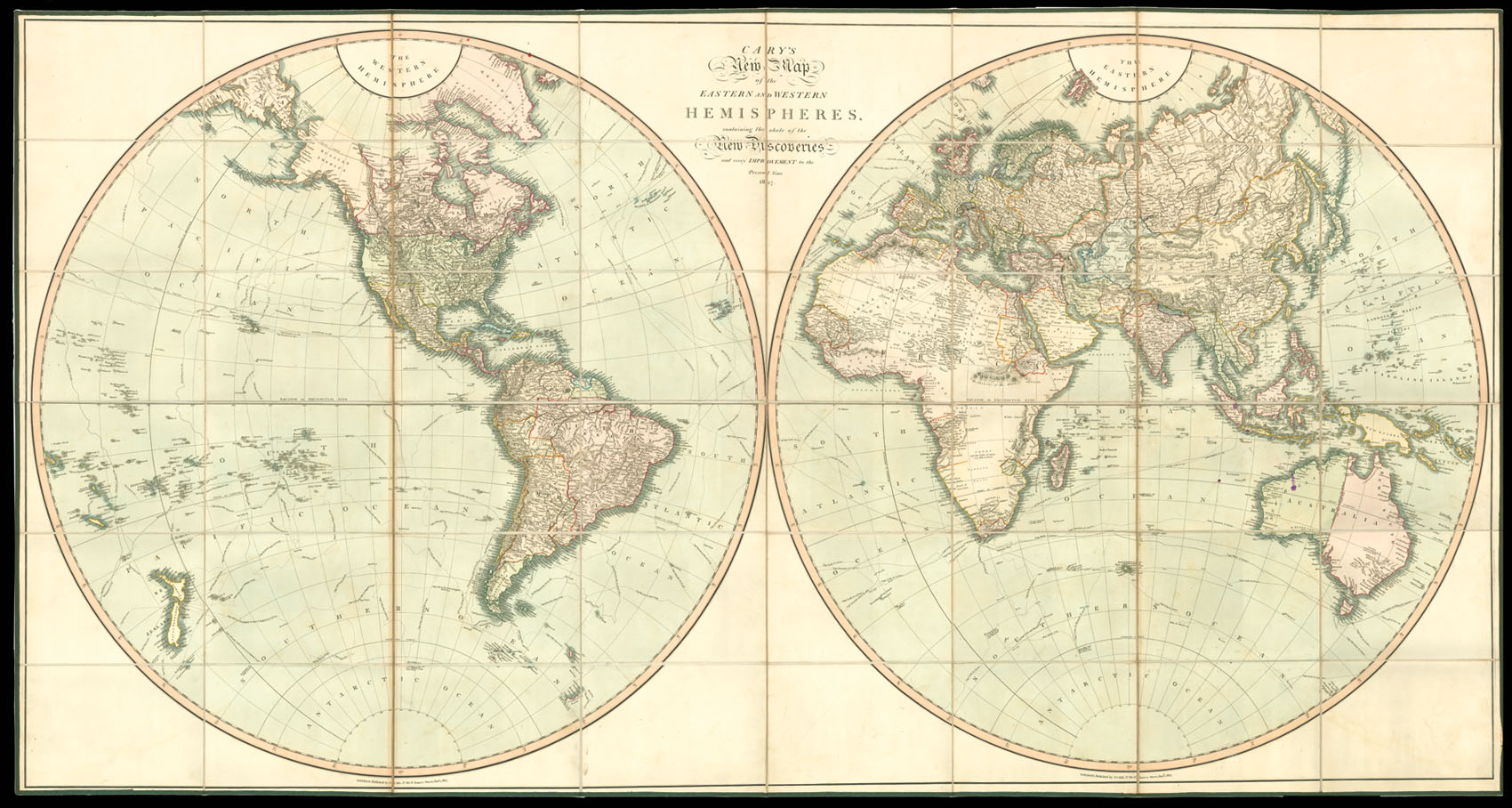 World and four continents] Cary's New Map of the Eastern and Western  Hemisphere, containing the whole of the New Discoveries, and every  Improvement to the Present time 1827; A New Map of