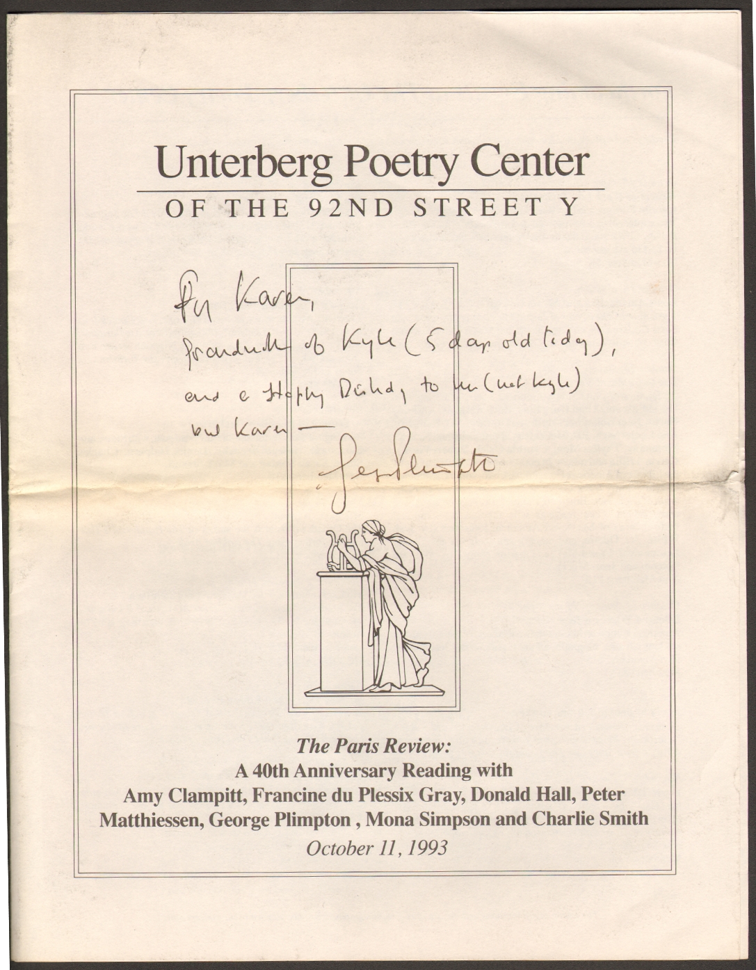[Signé] Unterberg Poetry Center of the 92nd Street Y Program, Paris Review Anniversary Reading [Signed by George Plimpton] [Plimpton, George] [Assez