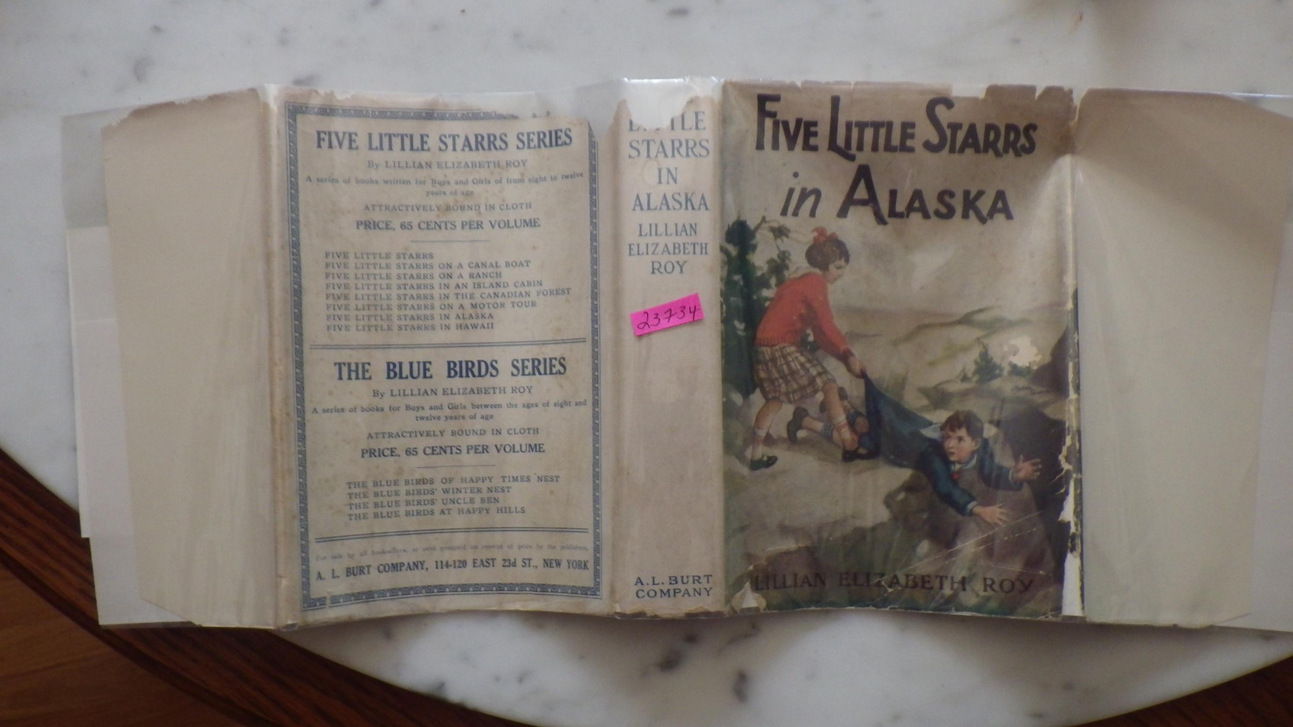 Five Little Starrs in Alaska In RARE Color Dustjacket of Girl in Mountains in Red Sweater Plaid Skirt with Red Bow in Hair Hanging on to Boy in Blue
