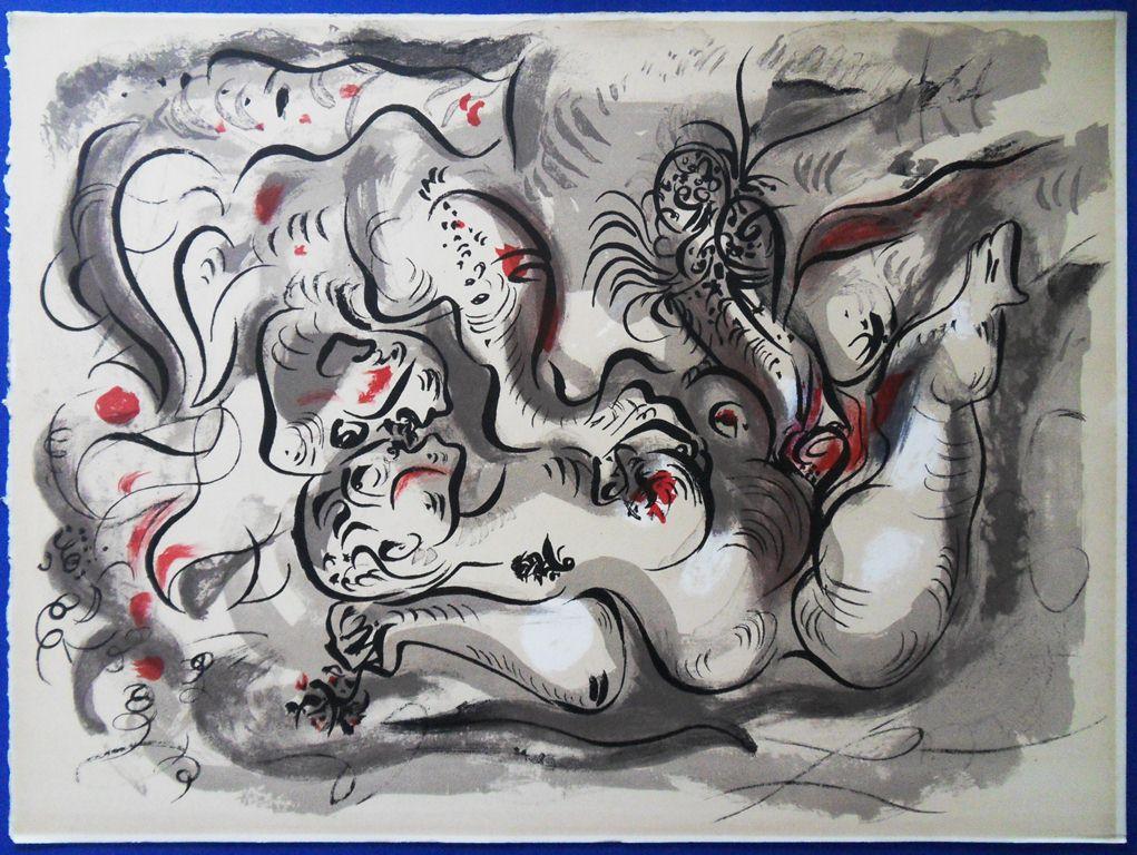 Dessins érotiques.Tchou, 1971.In-Plano, 647x500, 20 planches. En feuilles  sous chemise de tissu rouge de léditeur. Edition réunissant 20  lithographies érotiques dAndré Masson, dont 5 en couleurs. Elles sont  précédées de 2 textes