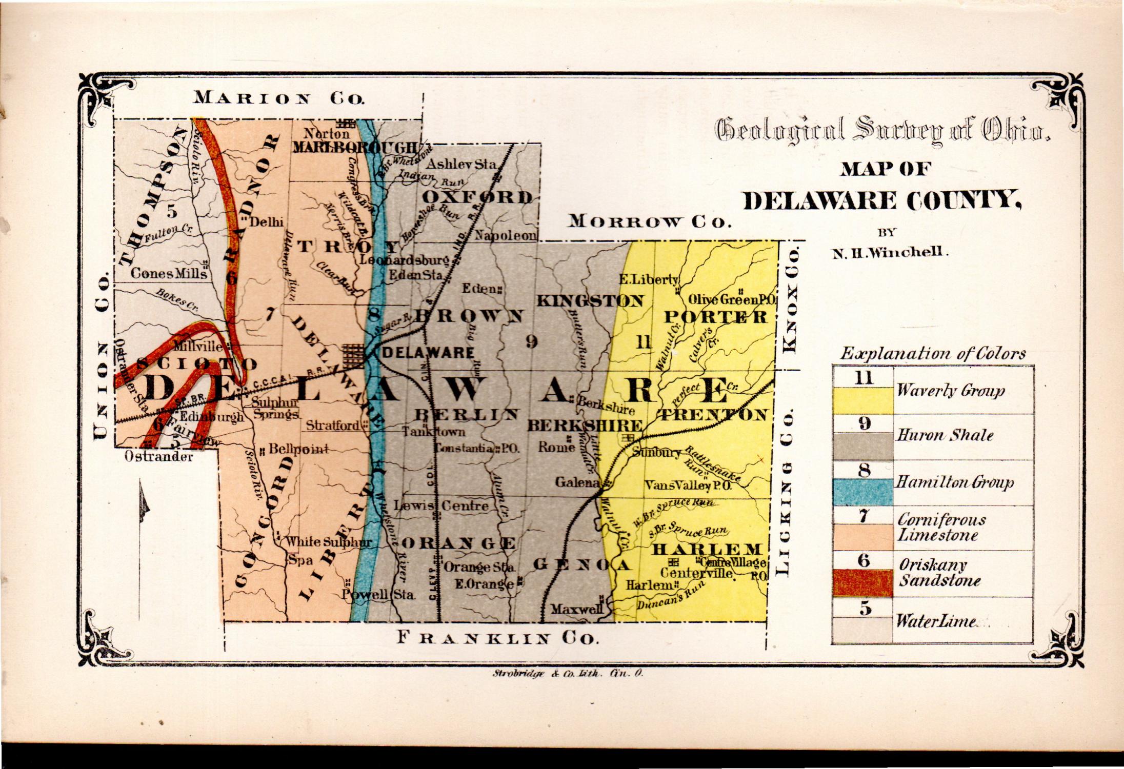 Delaware County Ohio Map Map: 'Geological Map Of Delaware County'.from Geological Survey Of Ohio,  1874 By Winchell, N.h.) State Of Ohio: (1874)  Art&Nbsp;/&Nbsp;Print&Nbsp;/&Nbsp;Poster | Dorley House Books, Inc.