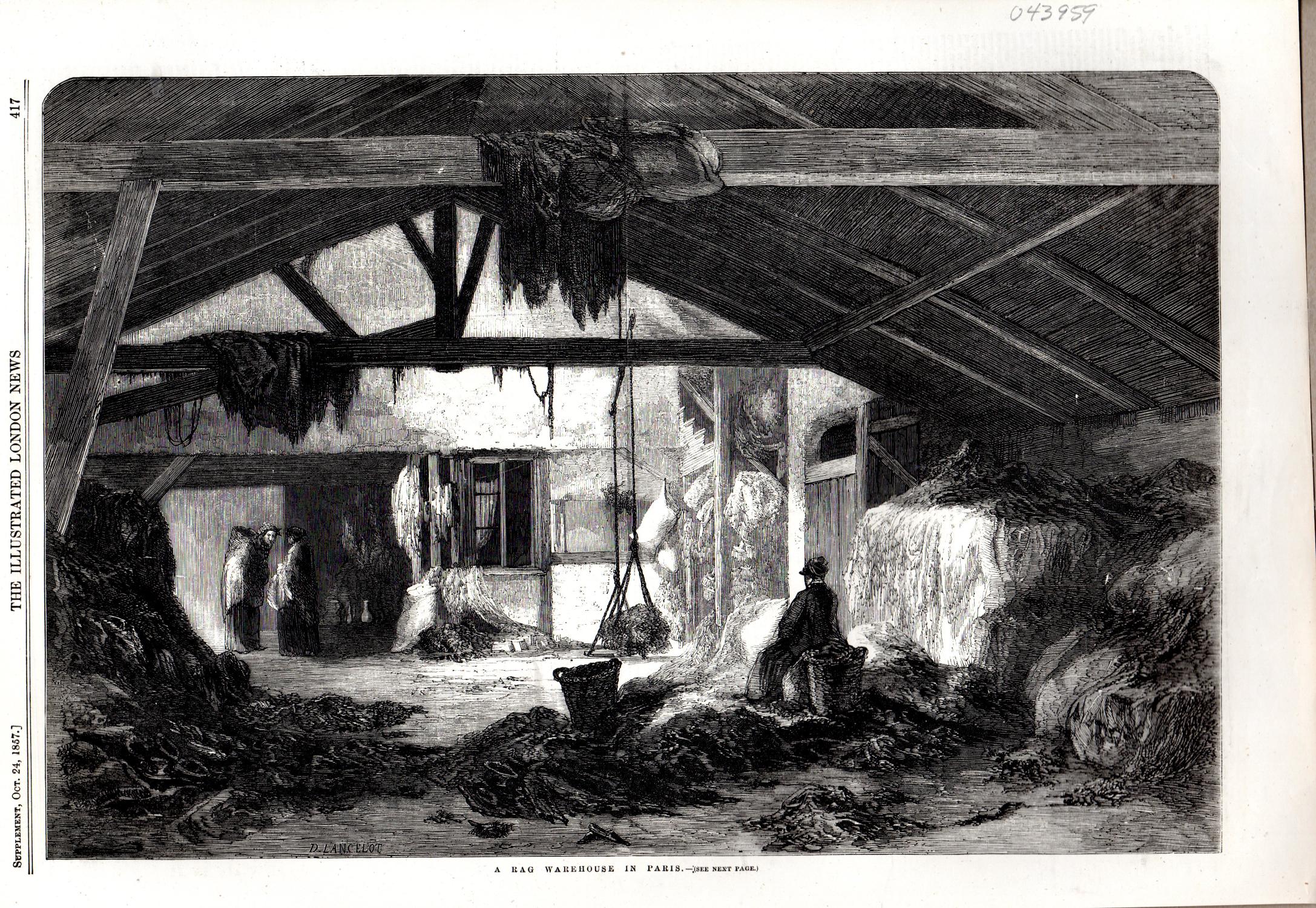 ENGRAVING "A Rag Warehouse in Paris".engraving from The Illustrated