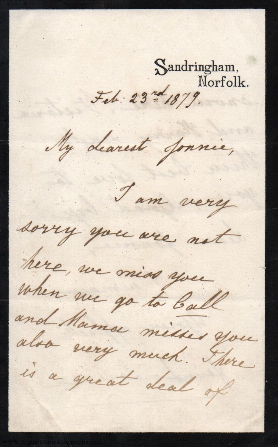 Early Autograph Letter Signed To My Dearest Jonnie Alexandra Dagmar 1867 1931 Princess Royal Duchess Of Fife Daughter Of Edward Vii By Louise Victoria 1879 Manuscript Nbsp Nbsp Paper Nbsp Collectible Sophie Dupre Aba Ilab Pada