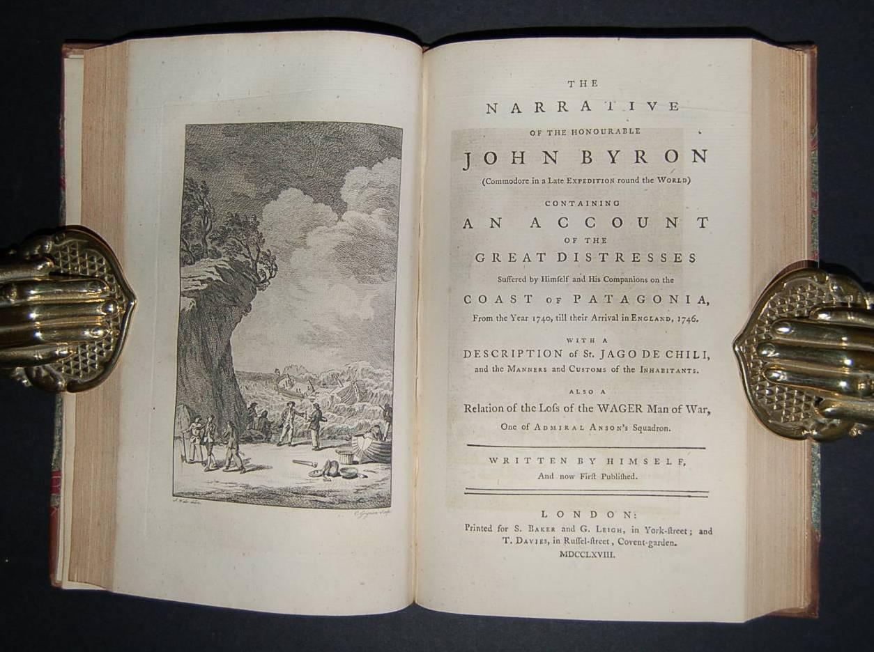 A Voyage Round the World, In His Majesty's Ship The Dolphin, Commanded by the Honourable Commodore Byron. In which is Contained, a faithful Account of the several Places, People, Plants, Animals, etc. seen on the Voyage: And among other Particulars, A minute and exact Description of the Streights of Magellan, and of the Gigantic People called Patagonians. Together with an accurate Account of Seven Islands lately discovered in the South Seas. By an Officer on Board the said Ship. Printed for J. Newbery and F. Newbery, 1767. Second edition, [4],186pp., without the final advert leaf, engraved frontispiece and a further 2 engraved plates, frontis., and title-page becoming loose, pencil ownership signature to title 